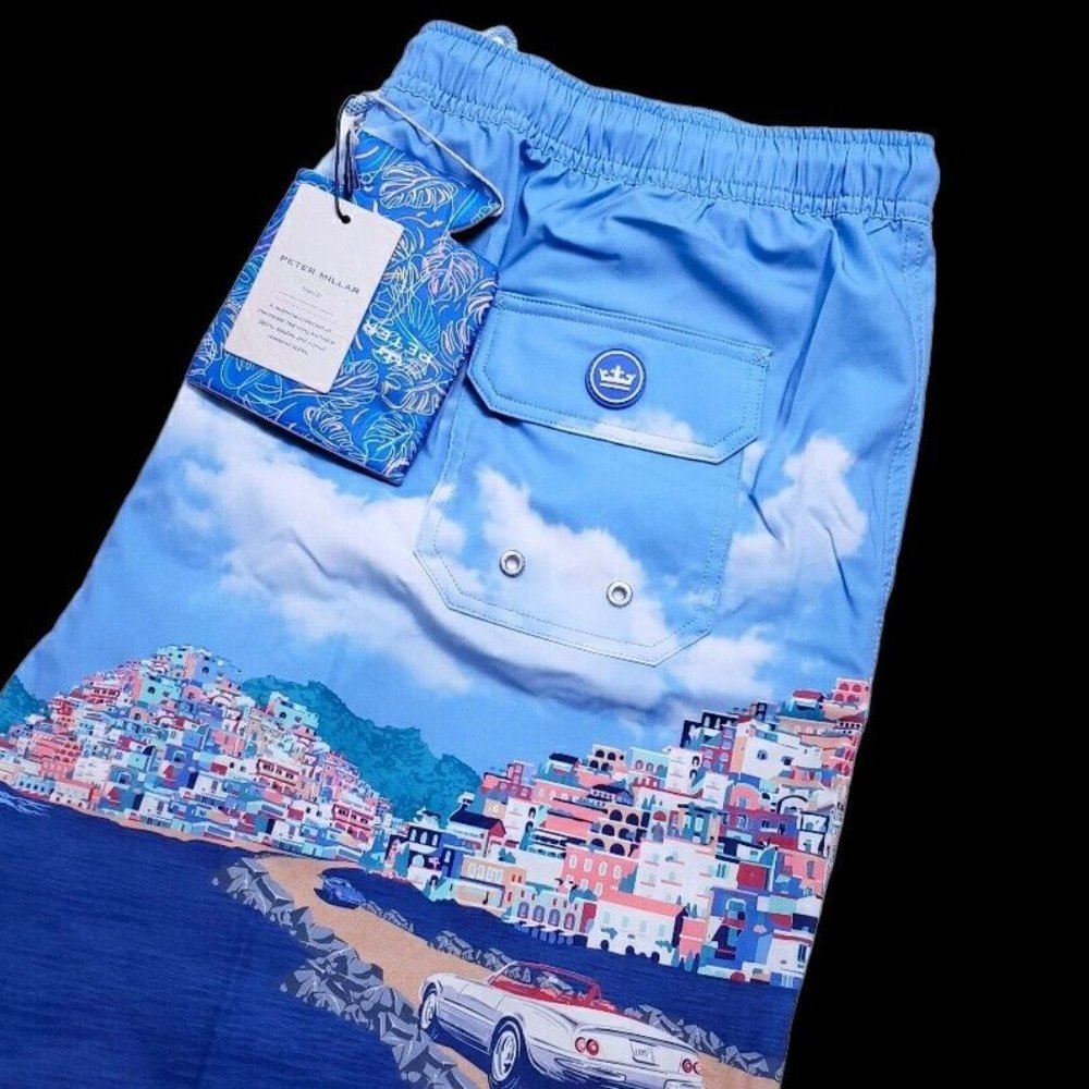 NEW Peter Millar Men's XL Graphic Print Drawstring Lined Swim Trunks